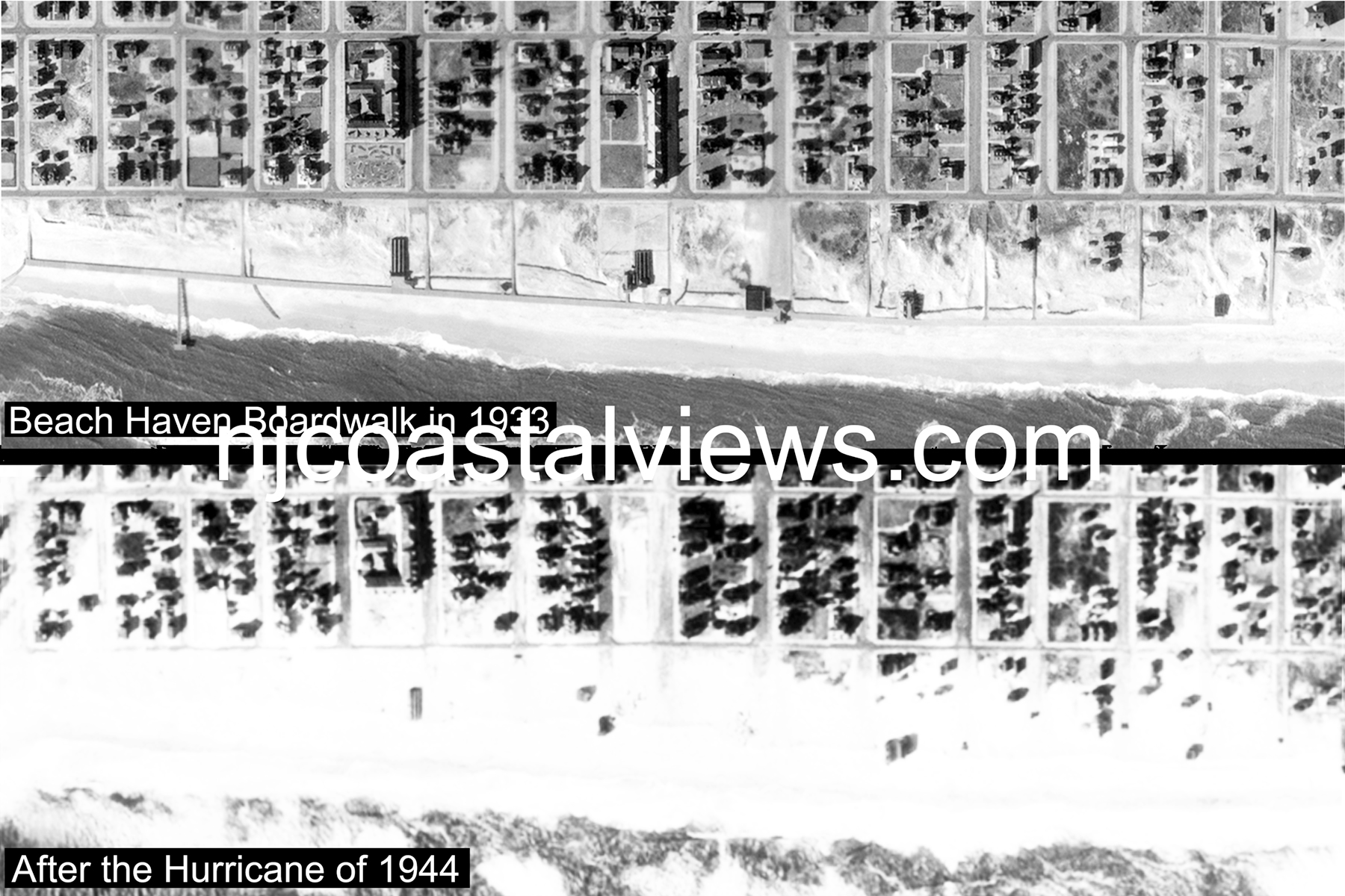 Beach Haven Boardwalk in 1933 vs. After the Hurricane of 1944